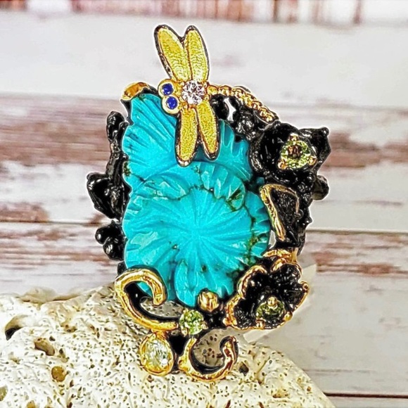 Strerling & 14 kt Dragonfly Turquoise Ring - Picture 4 of 7
